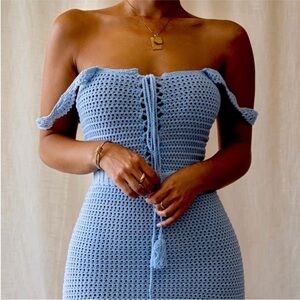 JLUXLABEL BLUE KNIT 2 PIECE SKIRT SET CROP TOP SZ S